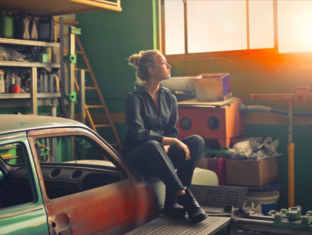 an woman in a garage